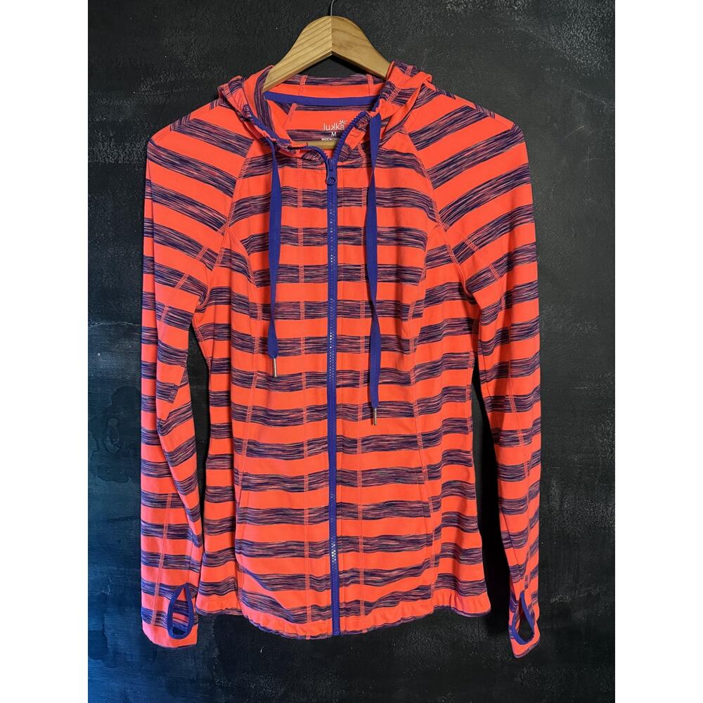 Lukka Jacket Womens Medium Orange Striped Hooded Full Zip Thumbholes Running